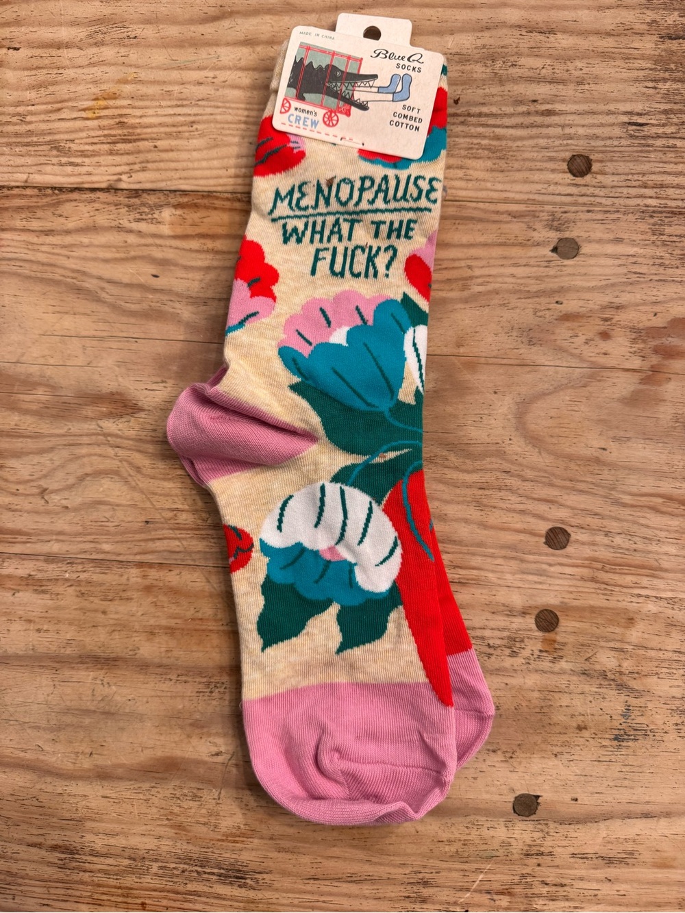 Blue Q menopause What the Fock Cream Socks with Teal, Pink & Red Floral socks